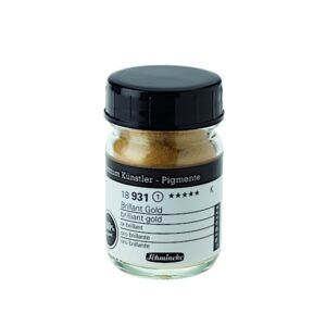 En lille glaskrukke med sort låg indeholder Schmincke Brilliant Guld og Sølv farver pigmentpulver. Krukken har en hvid etiket, og det guldfarvede pigment er synligt indeni.