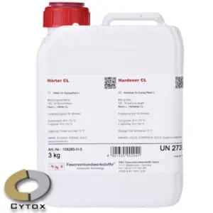 En hvid 3 kg plastbeholder med et rødt skruelåg mærket "Hærder CL (60 min)" til epoxyharpiks. Etiketten viser tekniske oplysninger, advarsler, QR-koder og Cytox-logoet.